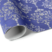 Damask Silver Cobalt Blue Royal Ornament Frankrijk Cadeaupapier (Rol Hoek)