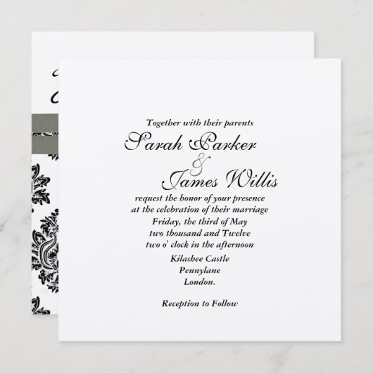 Damask Silver & Grey metallic Wedding Invite TBA Kaart (Voorkant / Achterkant)