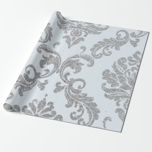 Damask Silver Grey Royal Metallic Blue Glitter Lux Cadeaupapier (Uitgerold)