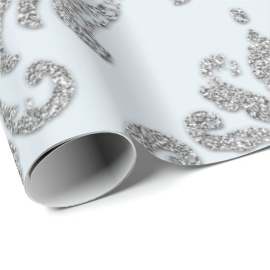 Damask Silver Grey Royal Metallic Blue Glitter Lux Cadeaupapier (Rol Hoek)