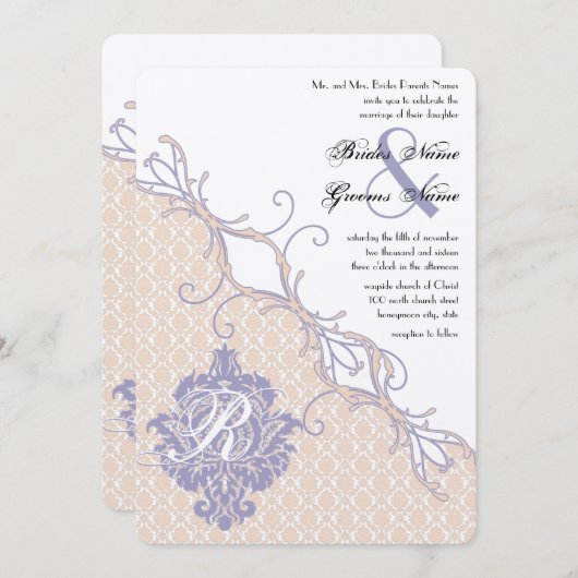  Damask Silver Peony en Lavender Wedding Kaart (Voorkant / Achterkant)