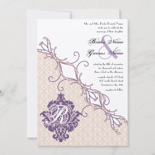  Damask Silver Peony & Grape Wedding Invite Kaart (Voorkant)