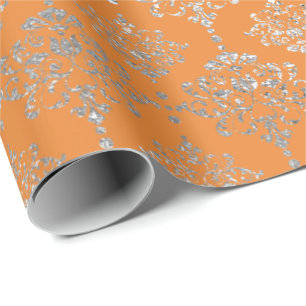 Damask Silver Royal Metallic Coral Oranje Delicat Cadeaupapier