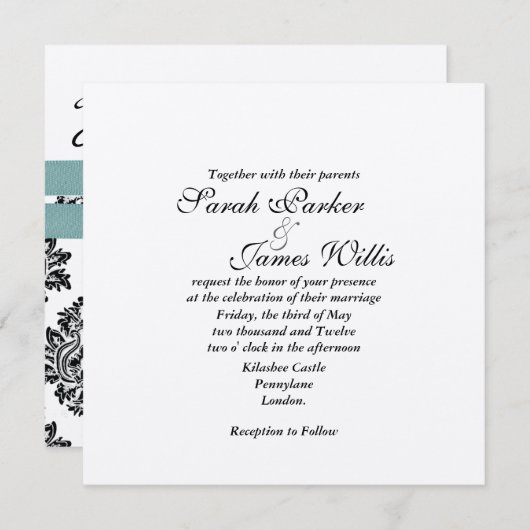 Damask Silver & turquoise metallic Wedding Invite Kaart (Voorkant / Achterkant)