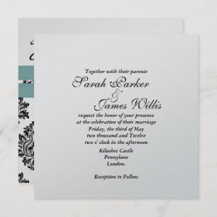 Damask Silver & turquoise metallic Wedding Invite Kaart