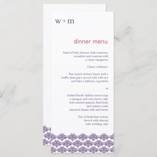 Damask Simplicity Cyan Purple Menu Mariage (Devant / Derrière)