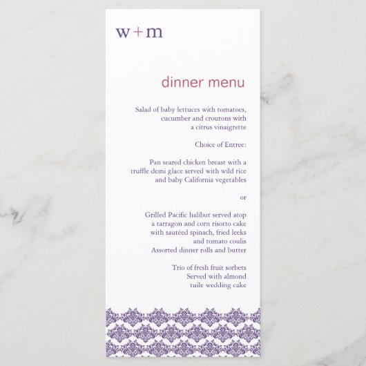 Damask Simplicity Cyan Purple Menu Mariage (Devant)