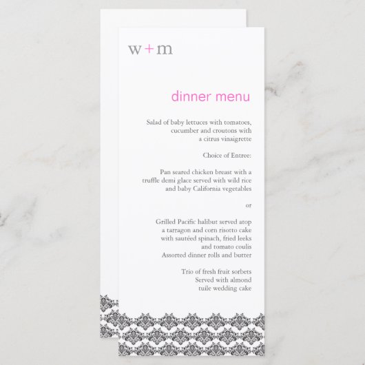 Damask Simplicity Gris rose Mariage Menu (Devant / Derrière)