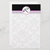 Damask Single Line Pink Monogram briefpapier (Voorkant / Achterkant)