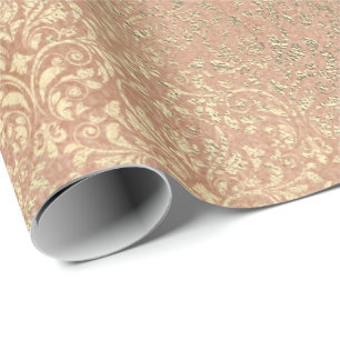 Damask Skinny Peach Coral Roos Gold Metal Bride Cadeaupapier