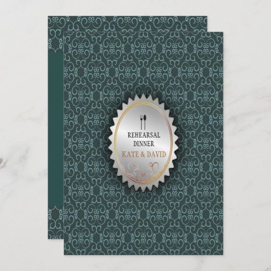 Damask  Spoon Fork Rehearsal Dinner Kaart (Voorkant / Achterkant)