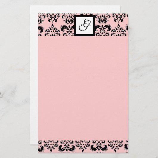 DAMASK SQUARE MONOGRAM ,zwart en roze Briefpapier (Voorkant / Achterkant)