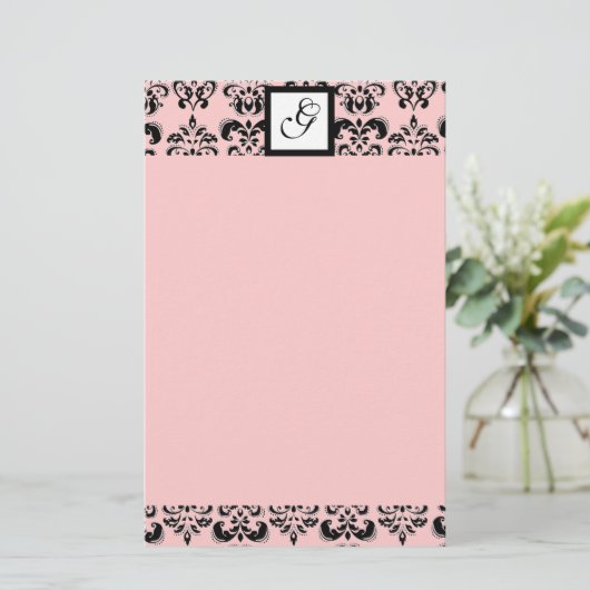 DAMASK SQUARE MONOGRAM ,zwart en roze Briefpapier (Staand voorkant)