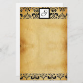 DAMASK SQUARE PARCHMENTMONOGRAM ,zwart en bruin Briefpapier (Voorkant / Achterkant)