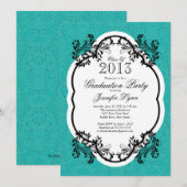  Damask Stylish Blue Graduparty Kaart (Voorkant / Achterkant)