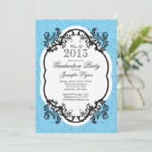 Damask Stylish Blue Graduparty Kaart (Staand voorkant)