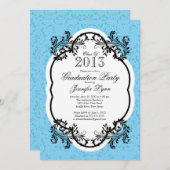 Damask Stylish Blue Graduparty Kaart (Voorkant / Achterkant)