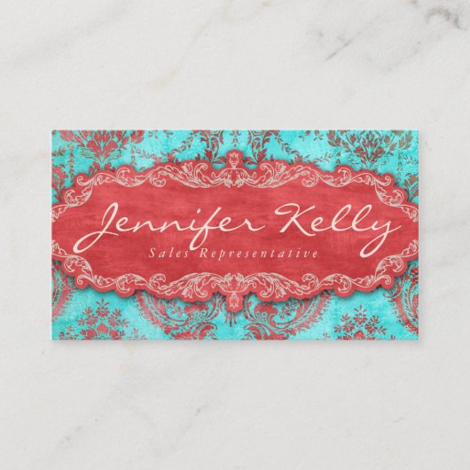  Damask Suede Turquoise Blue Red Visitekaartje (Voorkant)
