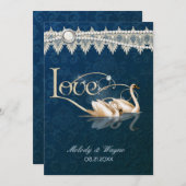Damask Swan Elegance Blue - Faire-part de mariage (Devant / Derrière)