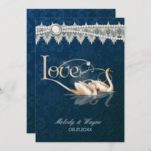 Damask Swan Elegance Blue - Faire-part de mariage (Devant / Derrière)