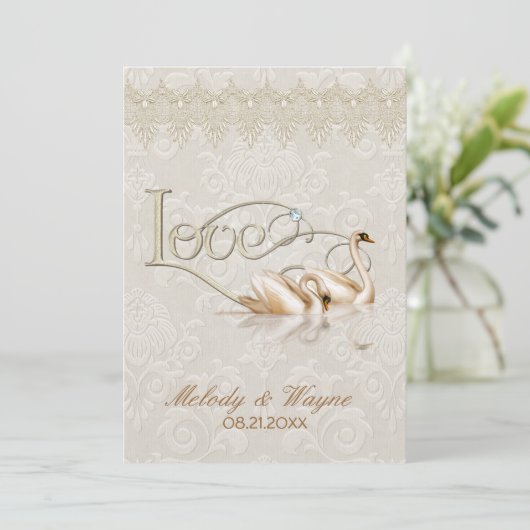 Damask Swan Elegance Ivory - Faire-part de mariage (Debout devant)