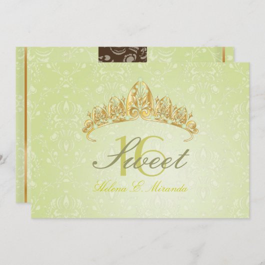 Damask Sweet 16/ invitations tiara/green peridot (Devant / Derrière)