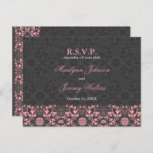 Damask Swils Lace Charcoal RSVP Mariage Carte post (Devant / Derrière)