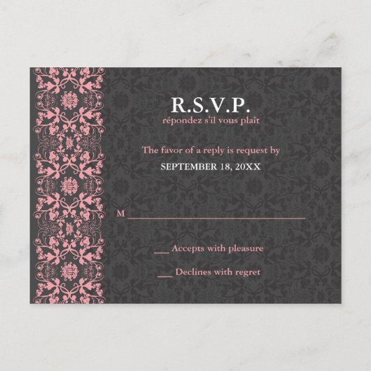 Damask Swils Lace Charcoal RSVP Mariage Carte post (Dos)