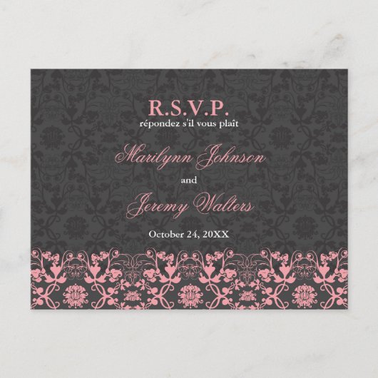 Damask Swils Lace Charcoal RSVP Mariage Carte post (Devant)