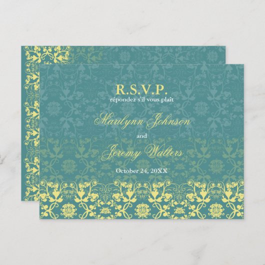 Damask Swils Lace Peacock RSVP Mariage carte posta (Devant / Derrière)