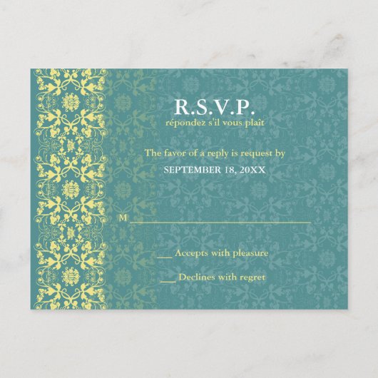 Damask Swils Lace Peacock RSVP Mariage carte posta (Dos)
