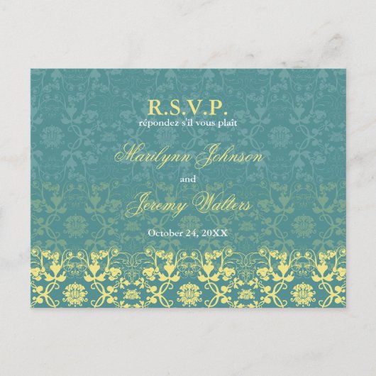 Damask Swils Lace Peacock RSVP Mariage carte posta (Devant)
