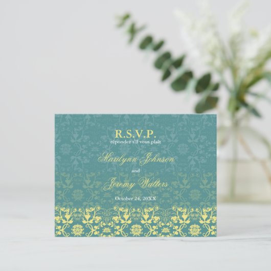 Damask Swils Lace Peacock RSVP Mariage carte posta (Debout devant)