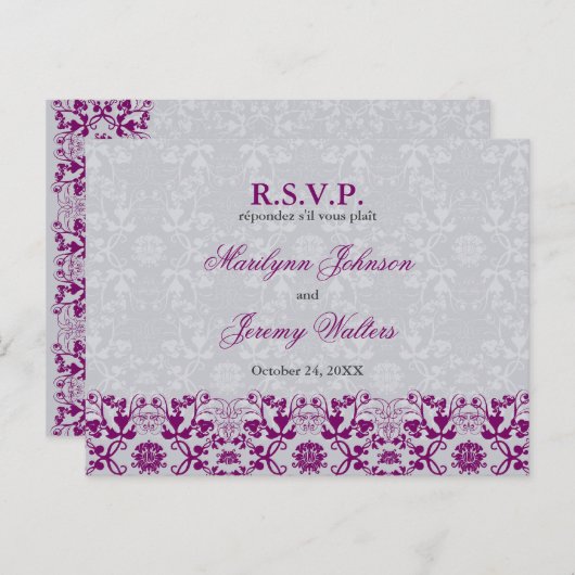 Damask Swirls Lace Orchid RSVP Mariage Carte posta (Devant / Derrière)