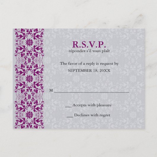 Damask Swirls Lace Orchid RSVP Mariage Carte posta (Dos)