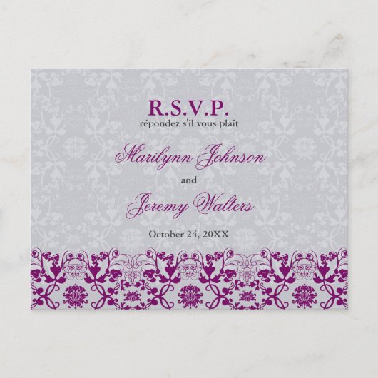 Damask Swirls Lace Orchid RSVP Mariage Carte posta (Devant)