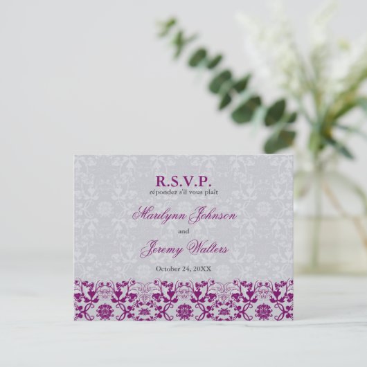 Damask Swirls Lace Orchid RSVP Mariage Carte posta (Debout devant)