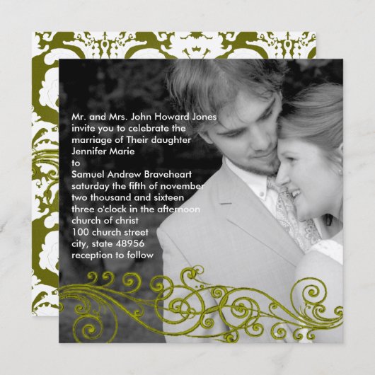 Damask Swirly uw foto bruiloft uitnodiging (Voorkant / Achterkant)