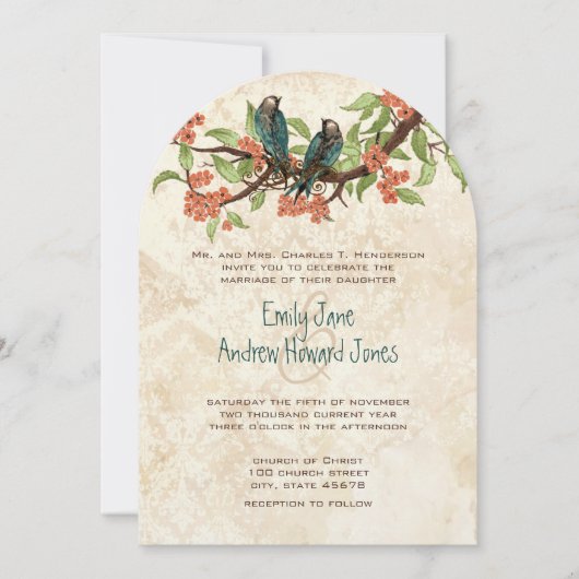Damask  Tortelduifjes Tea Stain Wedding Invite Kaart (Voorkant)