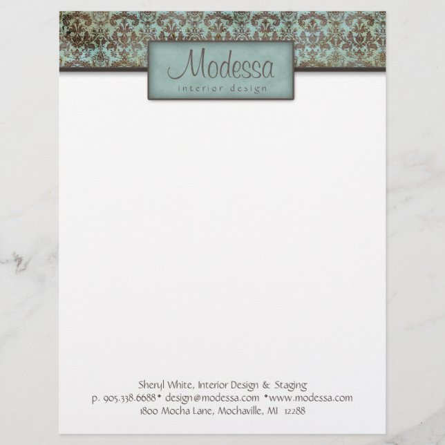 Damask Turquoise Blue Brown Interior Design Briefhoofd Sjabloon (Voorkant)