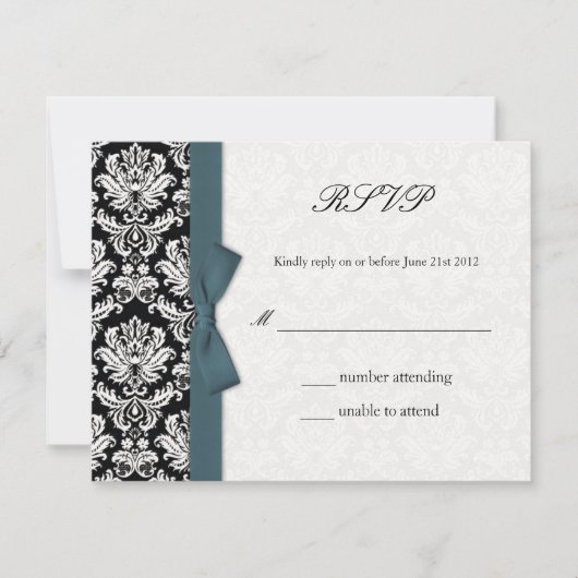 Damask Turquoise Bow Wedding Carte RSVP (Devant)