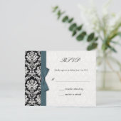 Damask Turquoise Bow Wedding Carte RSVP (Debout devant)