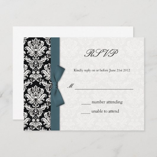 Damask Turquoise Bow Wedding Carte RSVP (Devant / Derrière)