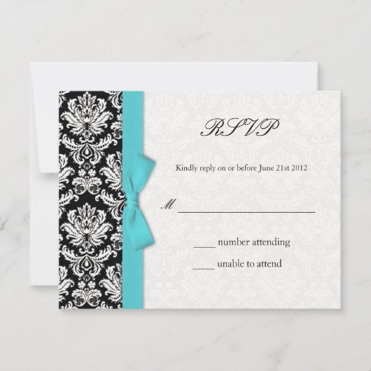 Damask Turquoise Bow Wedding Carte RSVP (Devant)