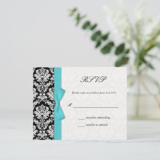 Damask Turquoise Bow Wedding Carte RSVP (Debout devant)