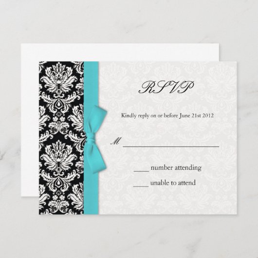 Damask Turquoise Bow Wedding Carte RSVP (Devant / Derrière)