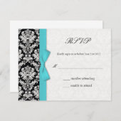 Damask Turquoise Bow Wedding RSVP Kaart (Voorkant / Achterkant)