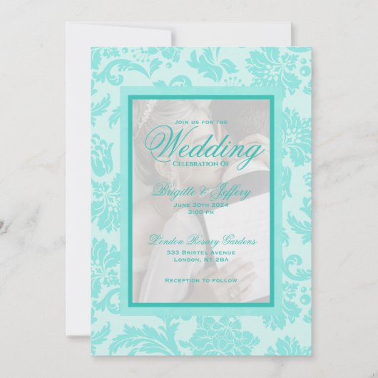 Damask turquoise elegante trouwuitnodiging kaart (Voorkant)