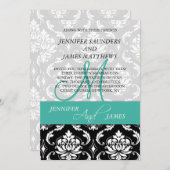 Damask Turquoise Monogram Names Wedding Invitation Kaart (Voorkant / Achterkant)