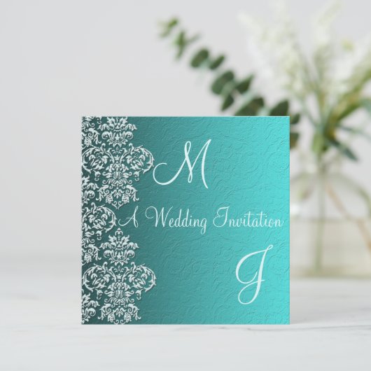Damask Turquoise Wedding Invitation Kaart (Staand voorkant)